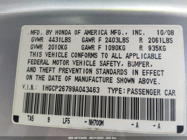 2009 HONDA ACCORD SDN EX VIN: 1HGCP26799A043463
