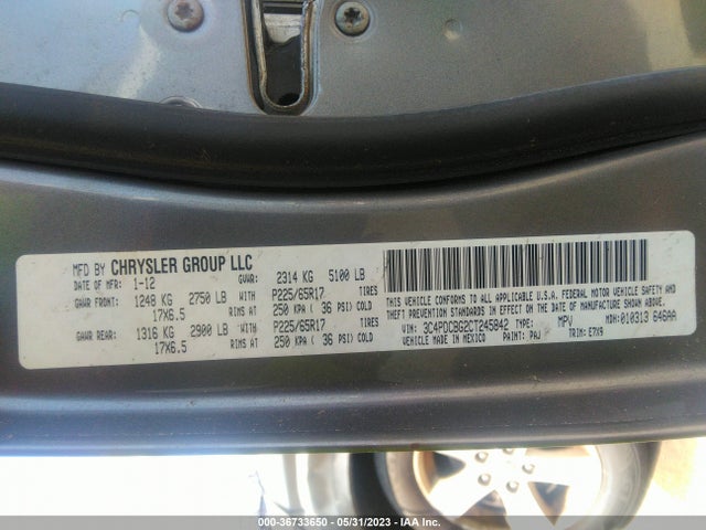 2012 DODGE JOURNEY SXT VIN: 3C4PDCBG2CT245842