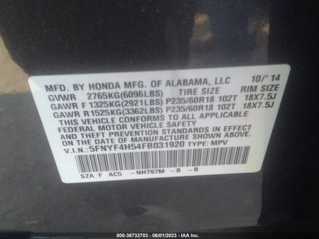 Honda Pilot Ex-l 2015 5FNYF4H54FB031920 Image 9