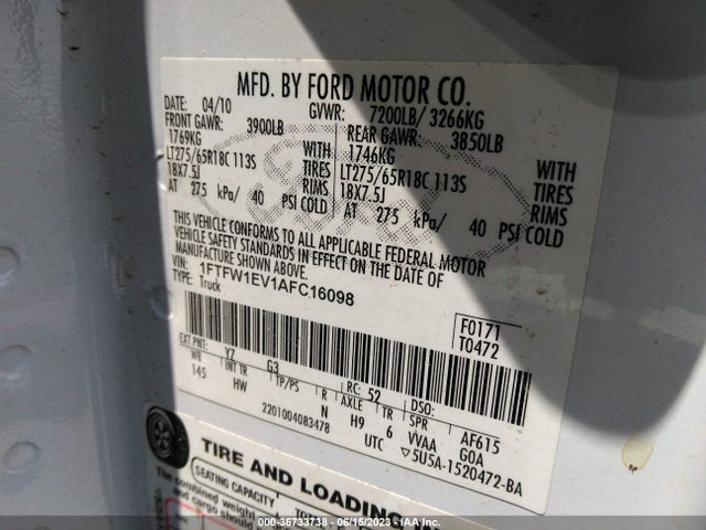 2010 FORD F-150 XL/XLT/FX4/LARIAT VIN: 1FTFW1EV1AFC16098