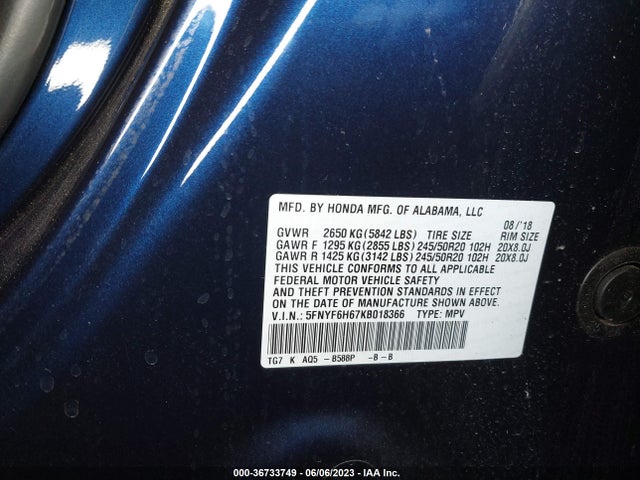Honda Pilot Touring 7-passenger 2019 5FNYF6H67KB018366 Image 9