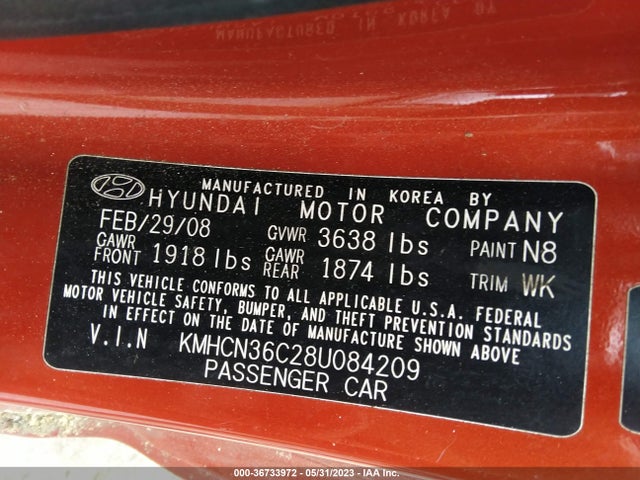 2008 HYUNDAI ACCENT SE VIN: KMHCN36C28U084209