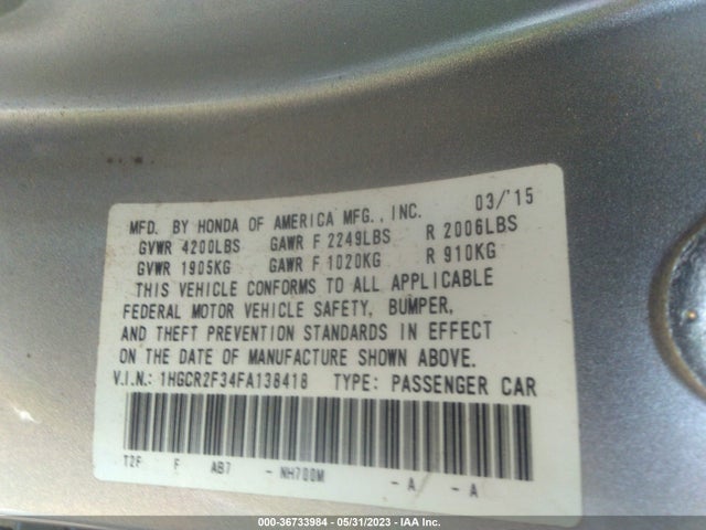Honda Accord Sedan Lx 2015 1HGCR2F34FA138418 Image 9