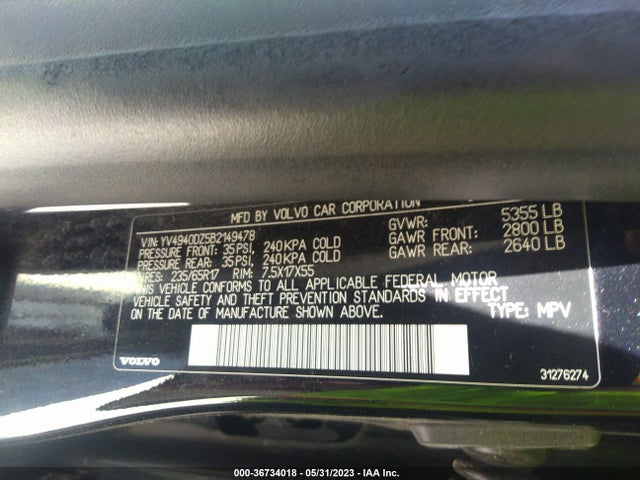 2011 VOLVO XC60 3.2L VIN: YV4940DZ5B2149478