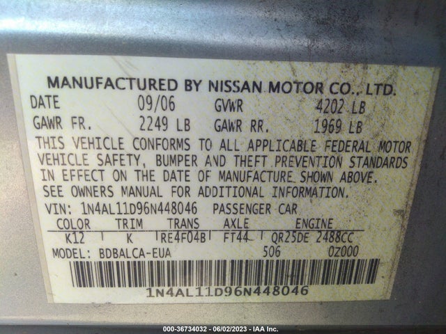 2006 NISSAN ALTIMA 2.5 S VIN: 1N4AL11D96N448046