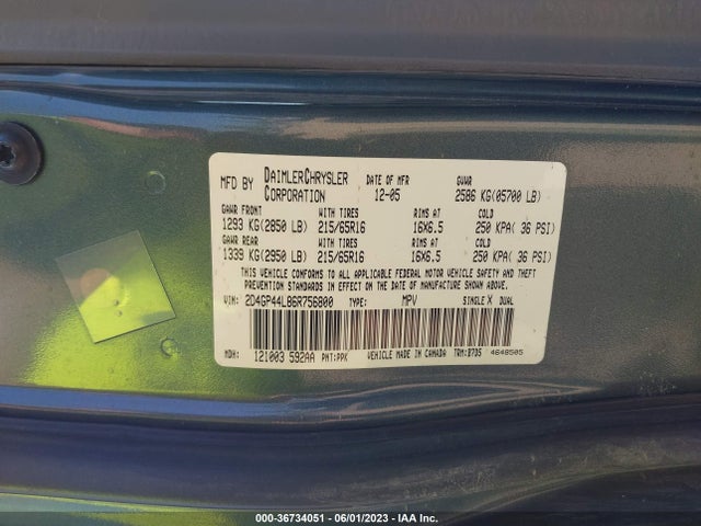 2006 DODGE GRAND CARAVAN SXT VIN: 2D4GP44L86R756800