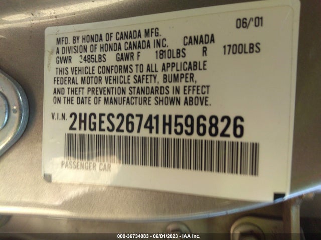 2001 HONDA CIVIC EX VIN: 2HGES26741H596826
