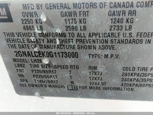 2016 CHEVROLET EQUINOX LT VIN: 2GNALCEK0G1173000