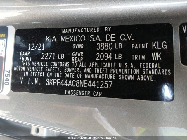 2022 KIA FORTE GT VIN: 3KPF44AC8NE441257