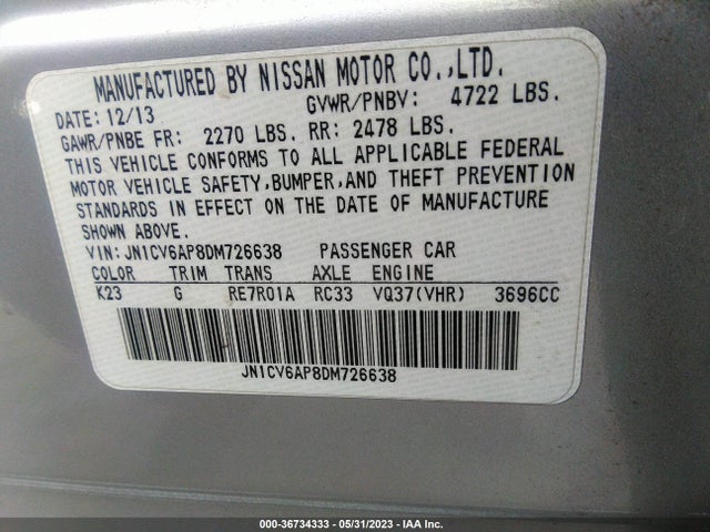 2013 INFINITI G37 SEDAN JOURNEY VIN: JN1CV6AP8DM726638