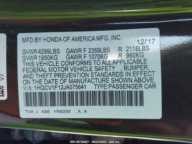 Honda Accord Sedan Lx 1.5t 2018 1HGCV1F12JA075641 Image 11