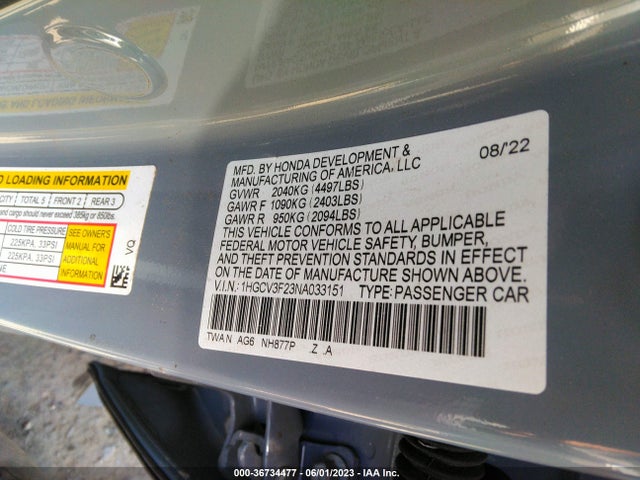 2022 HONDA ACCORD HYBRID SPORT VIN: 1HGCV3F23NA033151