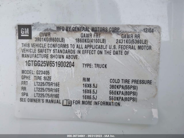 2005 GMC SAVANA CARGO VAN VIN: 1GTGG25V651900204