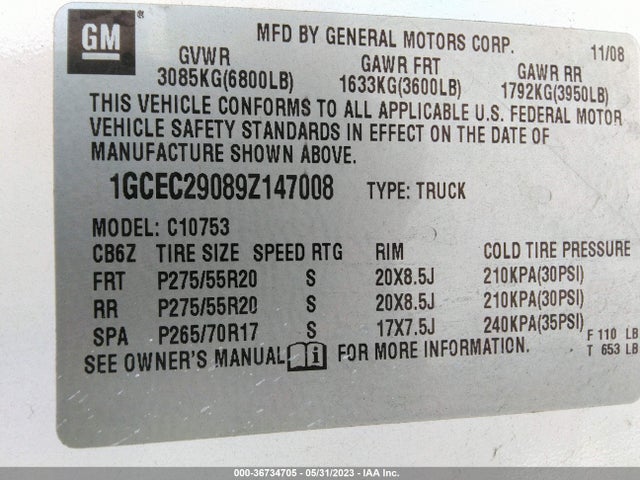 2009 CHEVROLET SILVERADO 1500 LT VIN: 1GCEC29089Z147008