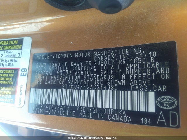 Продажа на аукционе авто 2010 Toyota Matrix, vin: 2T1KU4EE2AC344980, номер лота: 36734710