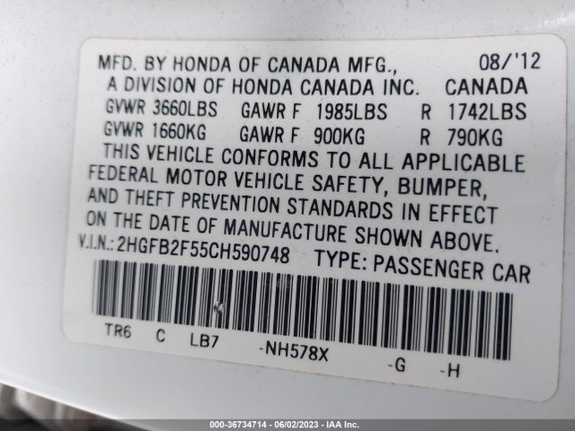 2012 HONDA CIVIC SDN LX VIN: 2HGFB2F55CH590748