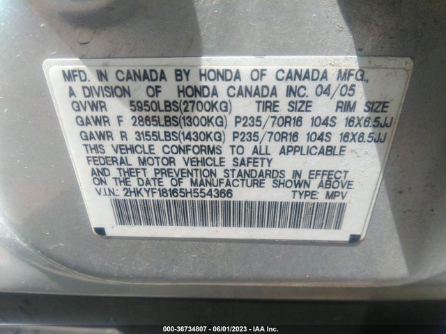 2005 HONDA PILOT LX VIN: 2HKYF18165H554366