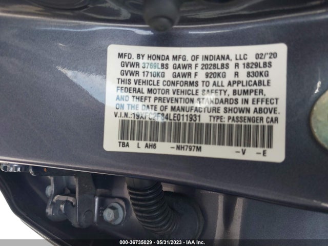 2020 HONDA CIVIC SEDAN SPORT VIN: 19XFC2F84LE011931