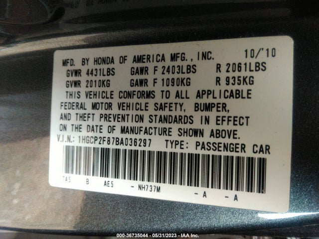 2011 HONDA ACCORD SDN EX-L VIN: 1HGCP2F87BA036297