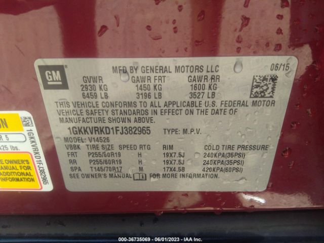 1GKKVRKD1FJ382965 GMC ACADIA SLT