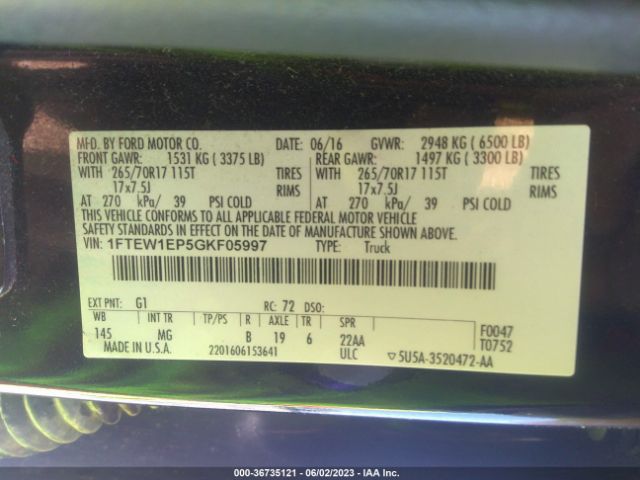 1FTEW1EP5GKF05997 Ford F-150 Xlt/xl/lariat