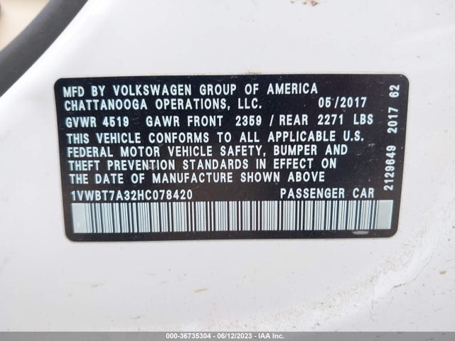 1VWBT7A32HC078420 Volkswagen Passat 1.8t Se