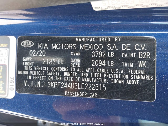 KIA Forte Lxs 2020 3KPF24AD3LE222315 Image 11