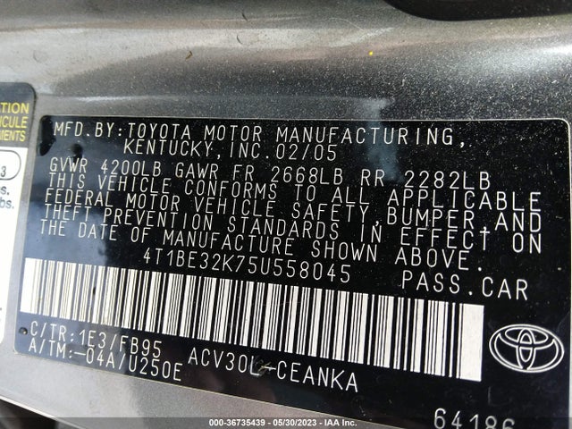2005 TOYOTA CAMRY STD/LE/SE/XLE VIN: 4T1BE32K75U558045