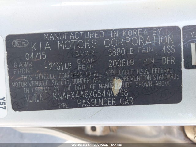 2016 KIA FORTE VIN: KNAFX4A6XG5440298