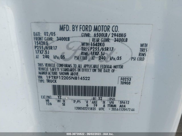 2005 FORD F-150 XL/STX/XLT VIN: 1FTRF12205NB14522