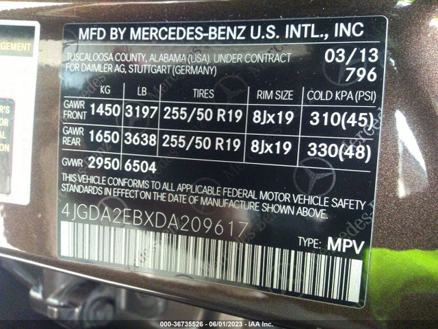 2013 MERCEDES-BENZ M-CLASS ML 350 BLUETEC VIN: 4JGDA2EBXDA209617