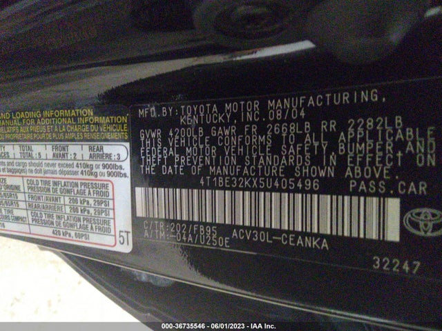 2005 TOYOTA CAMRY STD/LE/SE/XLE VIN: 4T1BE32KX5U405496