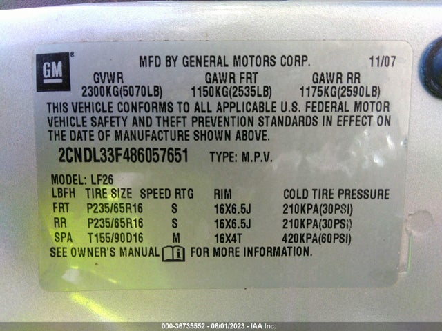2008 CHEVROLET EQUINOX LT VIN: 2CNDL33F486057651