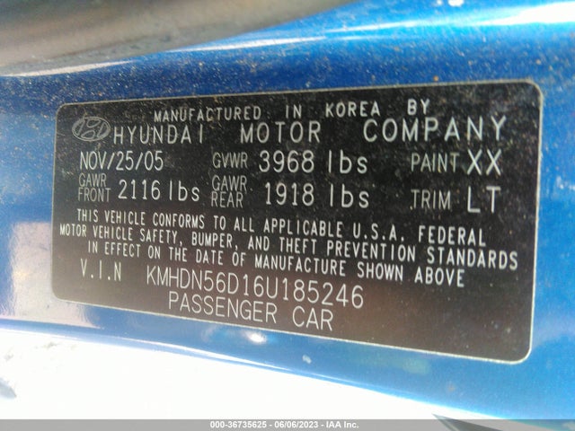 2006 HYUNDAI ELANTRA GLS/GT VIN: KMHDN56D16U185246