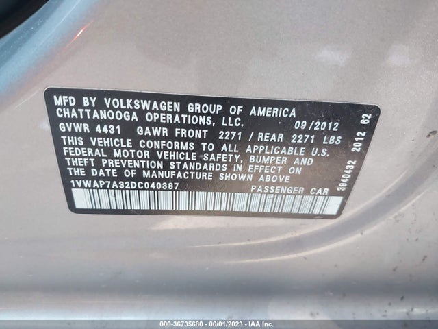 2013 VOLKSWAGEN PASSAT S VIN: 1VWAP7A32DC040387