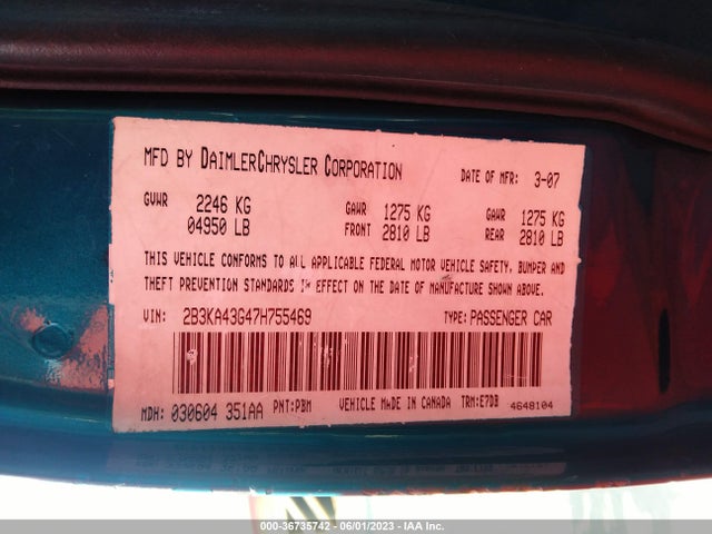 2007 DODGE CHARGER VIN: 2B3KA43G47H755469