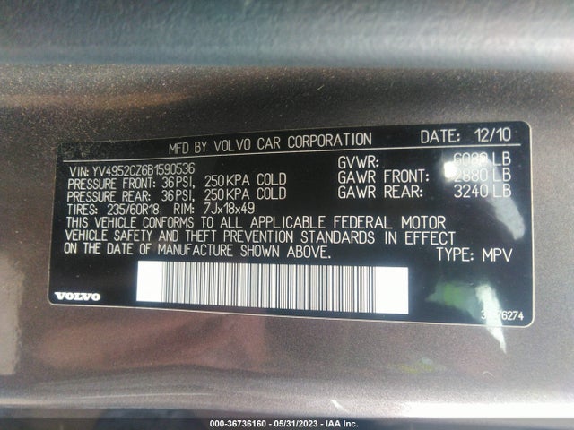 2011 VOLVO XC90 I6 VIN: YV4952CZ6B1590536