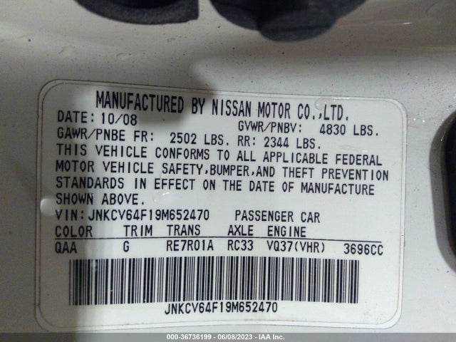 2009 INFINITI G37X VIN: JNKCV64F19M652470