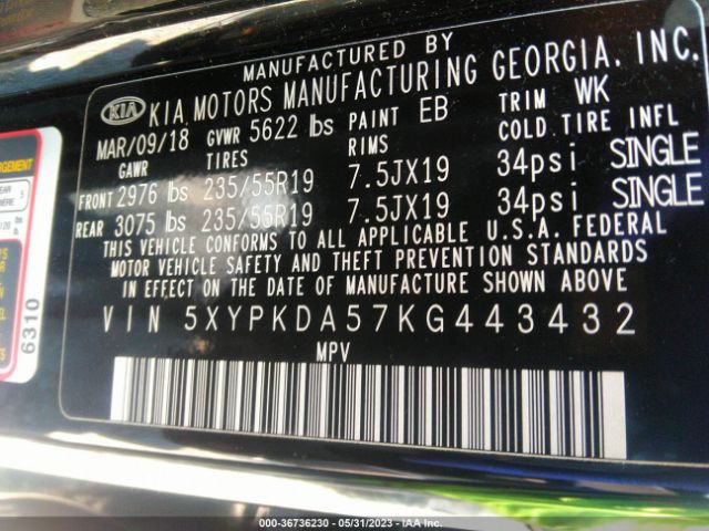 5XYPKDA57KG443432 KIA Sorento Sx V6