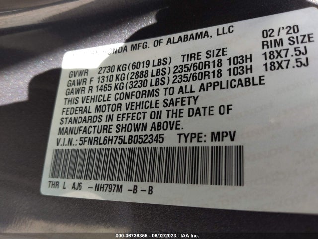 Honda Odyssey Ex-l 2020 5FNRL6H75LB052345 Image 9