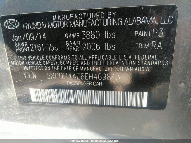 36736365 :رقم المزاد ، 5NPDH4AE6EH469843 vin ، 2014 Hyundai Elantra Se مزاد بيع