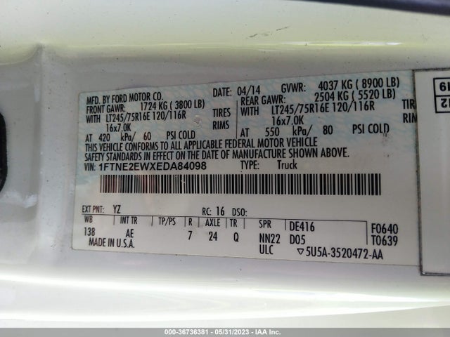 2014 FORD ECONOLINE CARGO VAN COMMERCIAL/RECREATIONAL VIN: 1FTNE2EWXEDA84098