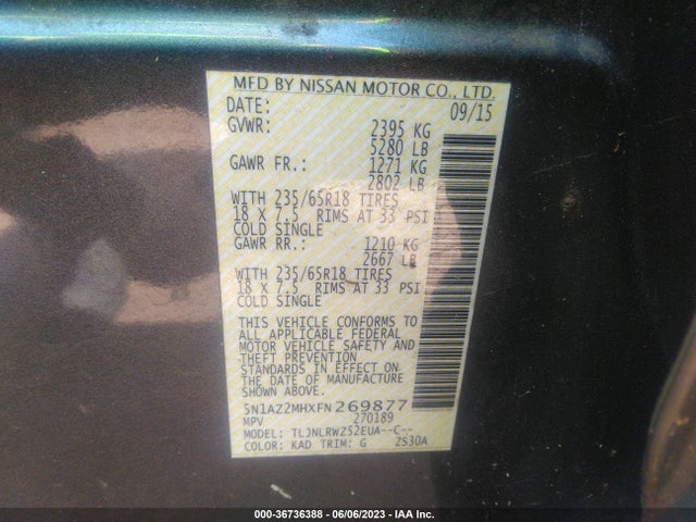 Nissan MURANO SL 2015 5N1AZ2MHXFN269877 Image 9