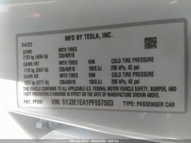 5YJ3E1EA1PF557503 Tesla MODEL 3