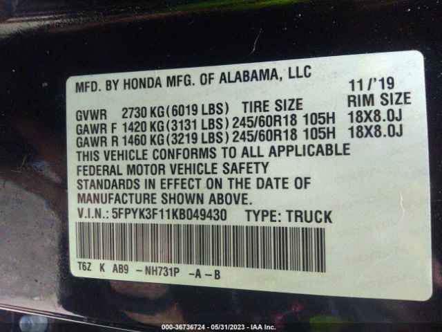 5FPYK3F11KB049430 Honda Ridgeline Sport