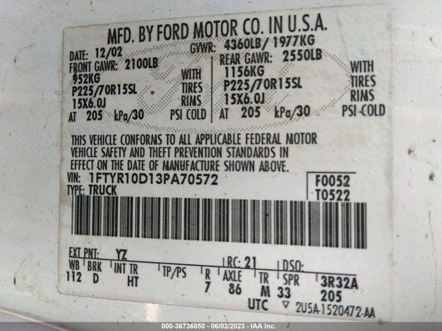 2003 FORD RANGER XL/XL FLEET/XLT VIN: 1FTYR10D13PA70572