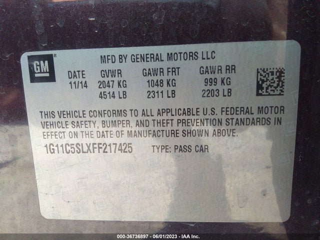 2015 CHEVROLET MALIBU LT VIN: 1G11C5SLXFF217425