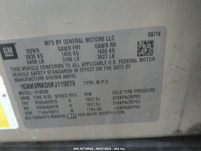GMC ACADIA SLT 2015 1GKKVRKD8FJ110879 Image 9