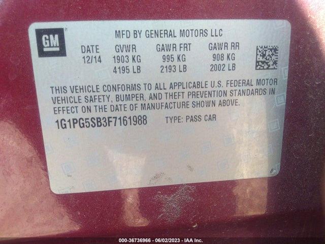 2015 CHEVROLET CRUZE LTZ VIN: 1G1PG5SB3F7161988