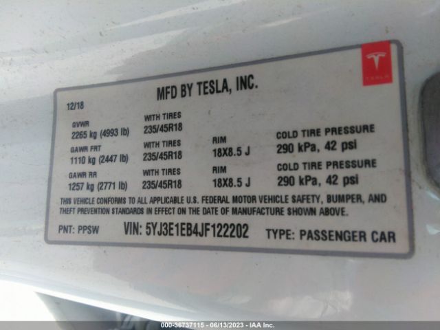 5YJ3E1EB4JF122202 Tesla Model 3 Performance/long Range